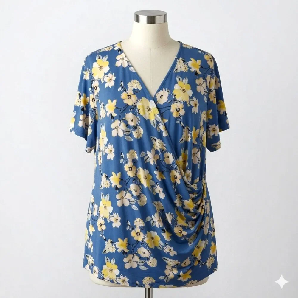 C EST 1946 Woman Top 18/20W Crossover Side Ruched Blue Yellow Floral Stretch - Picture 1 of 9